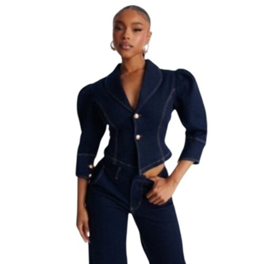 Fashion Nova Denim Jacket Puff Sleeve Cropped Gold Button Contrast Stitch XS NEW